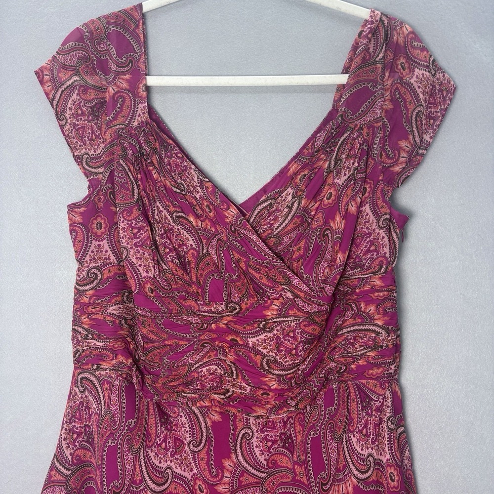 Ann Taylor Crossover V-Neck Silk Pink Paisley Midi Dress SZ‎ 14 Boho Feminine - Picture 2 of 13